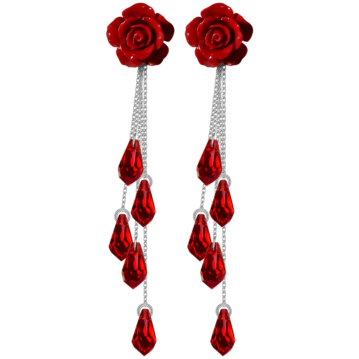 Aretes Largos de Plata de Ley 925 y Cristales Austriacos Rojos