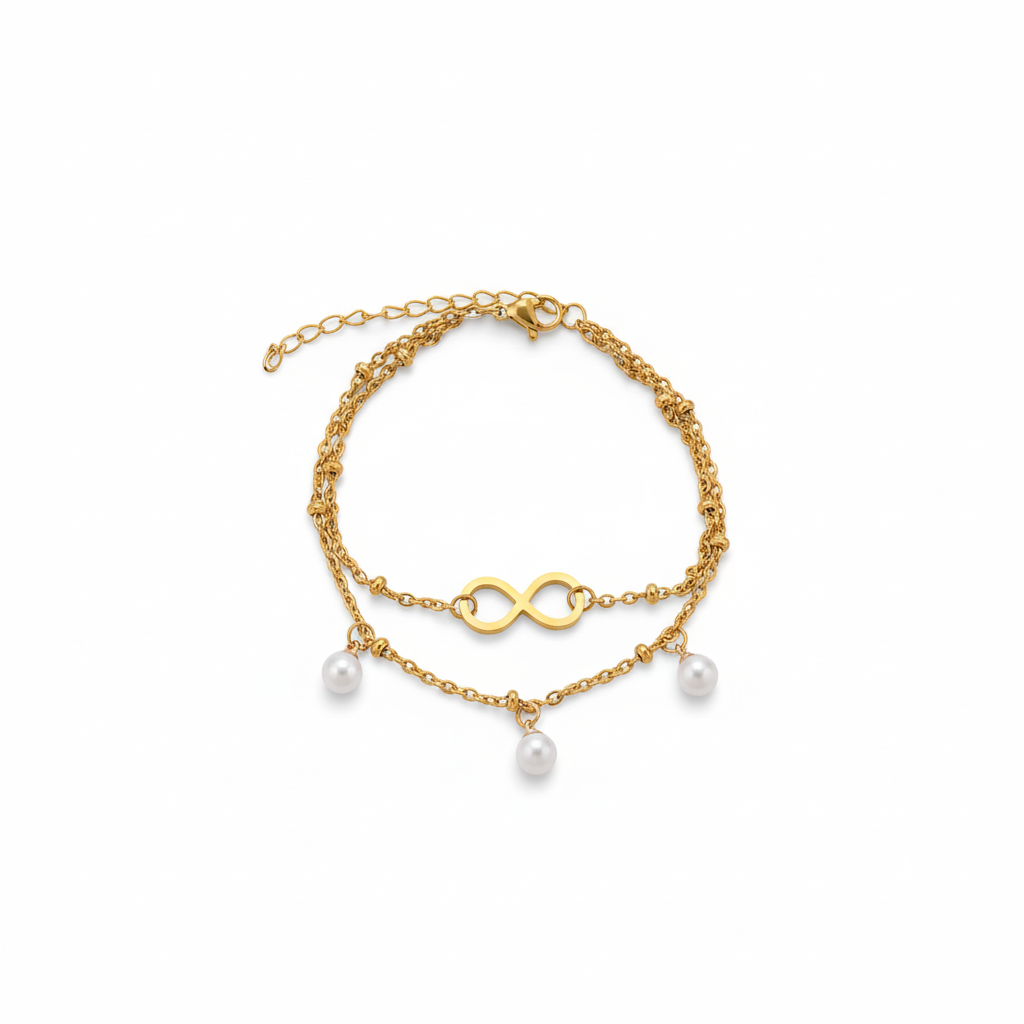 Pulsera Doble Cadena Infinito y Perlas en Acero Inoxidable 316L