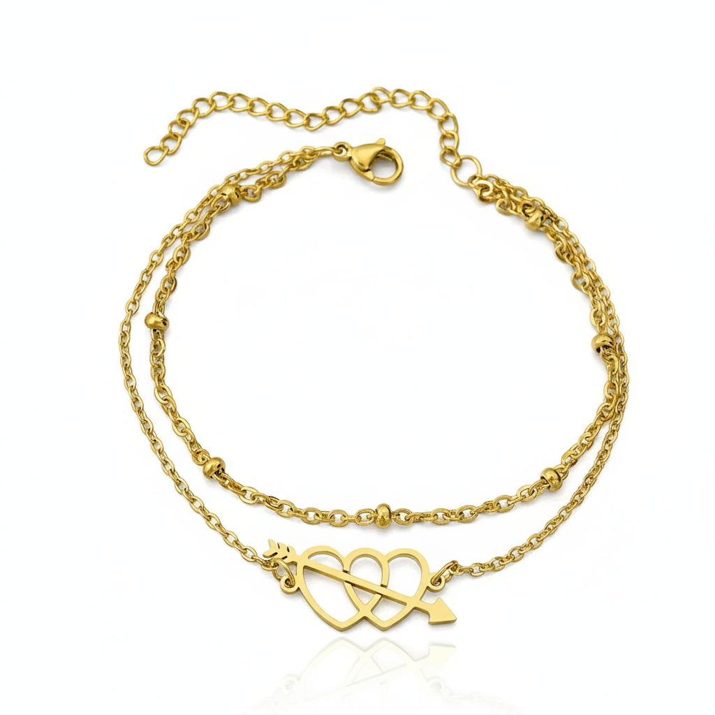 Pulsera Doble Cadena Corazón Flechado en Acero Inoxidable 316L