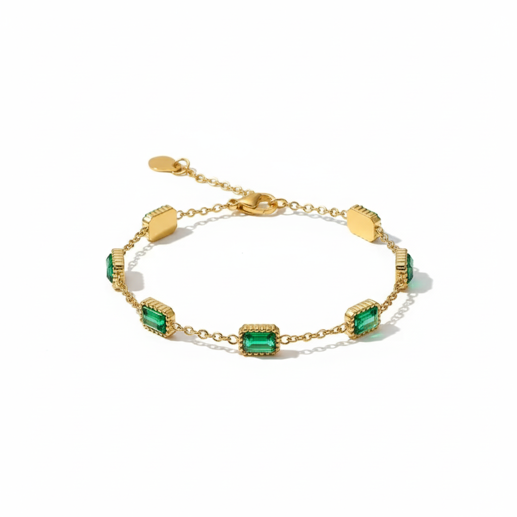 Pulsera Delicada Esmeralda en Acero Inoxidable Chapado en Oro