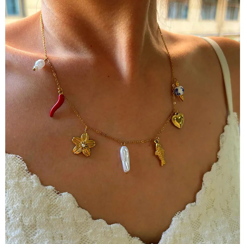 Collares Veraniego en Acero Inoxidable Chapado en Oro