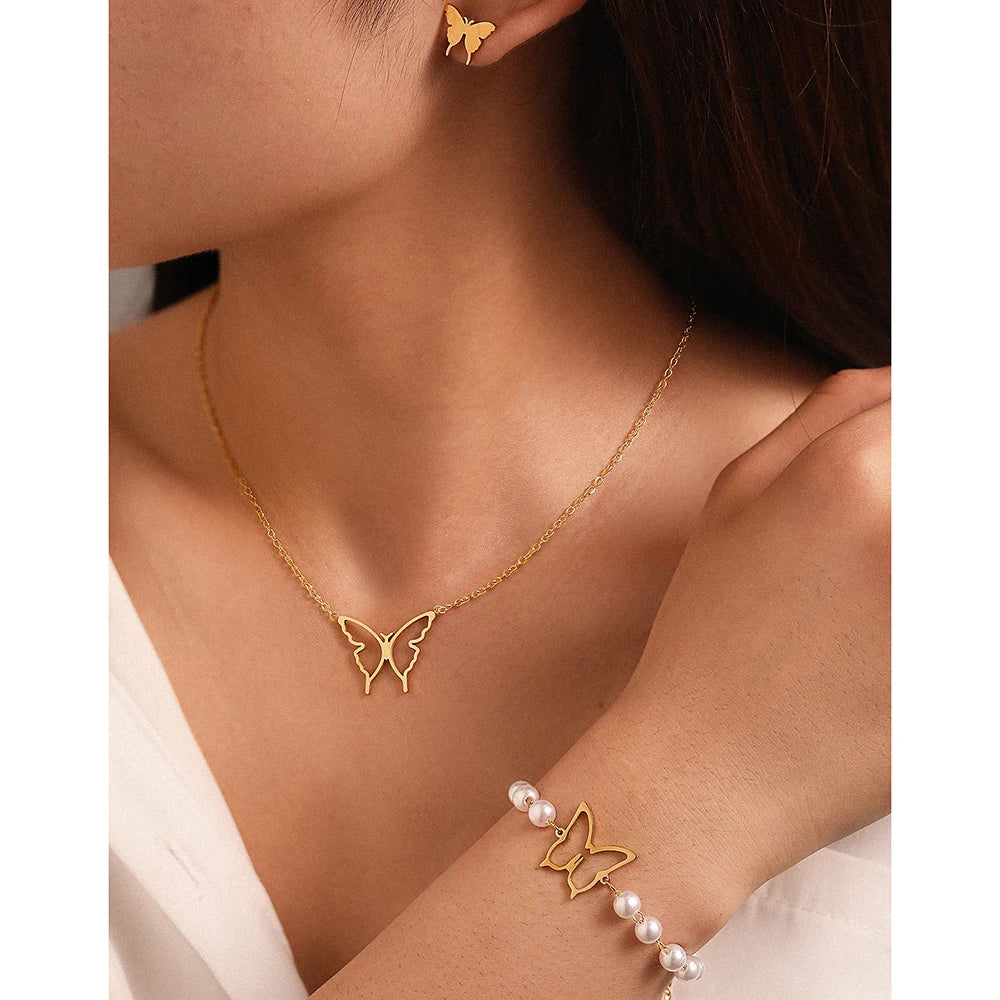 Conjunto Collar, Aretes y Pulsera de Mariposa en Acero Inoxidable 316L