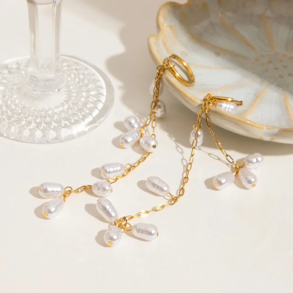 Aretes Largos Perleados en Acero Inoxidable Chapados en Oro