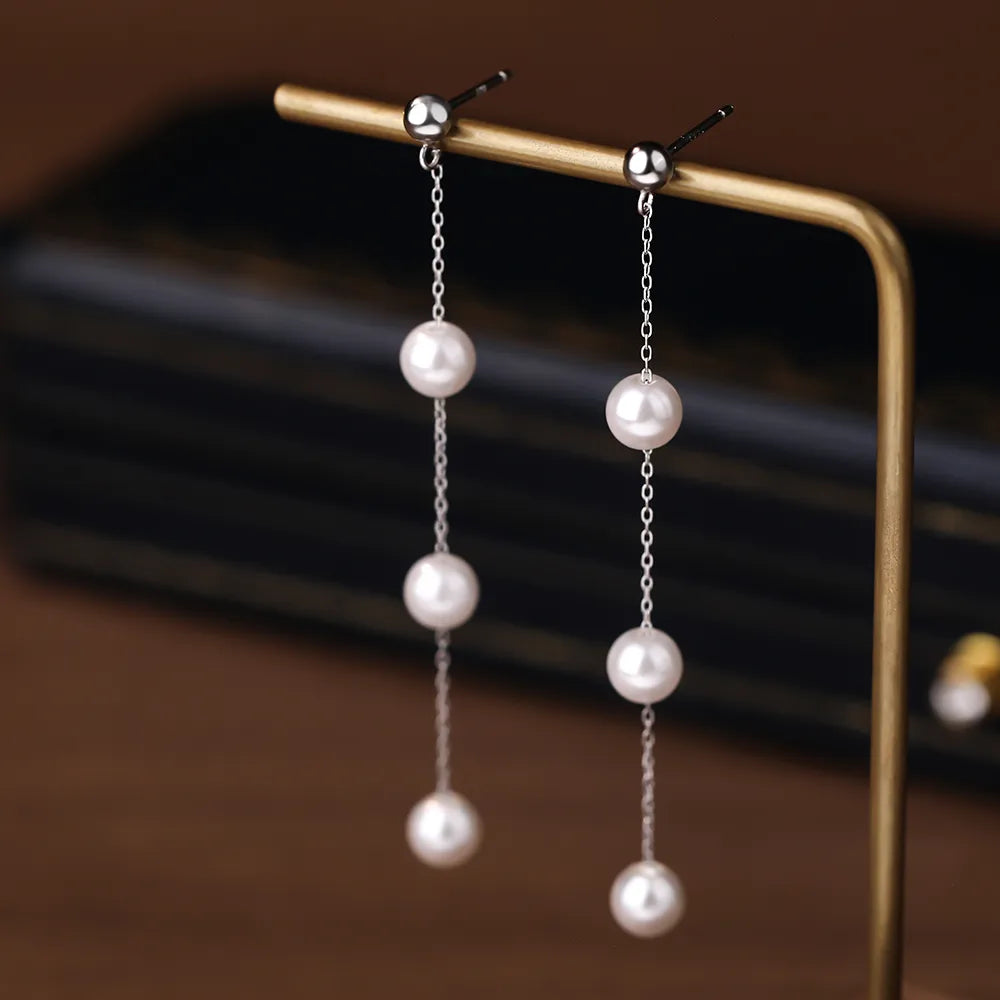 Aretes Largos Perlados en Plata de Ley 925