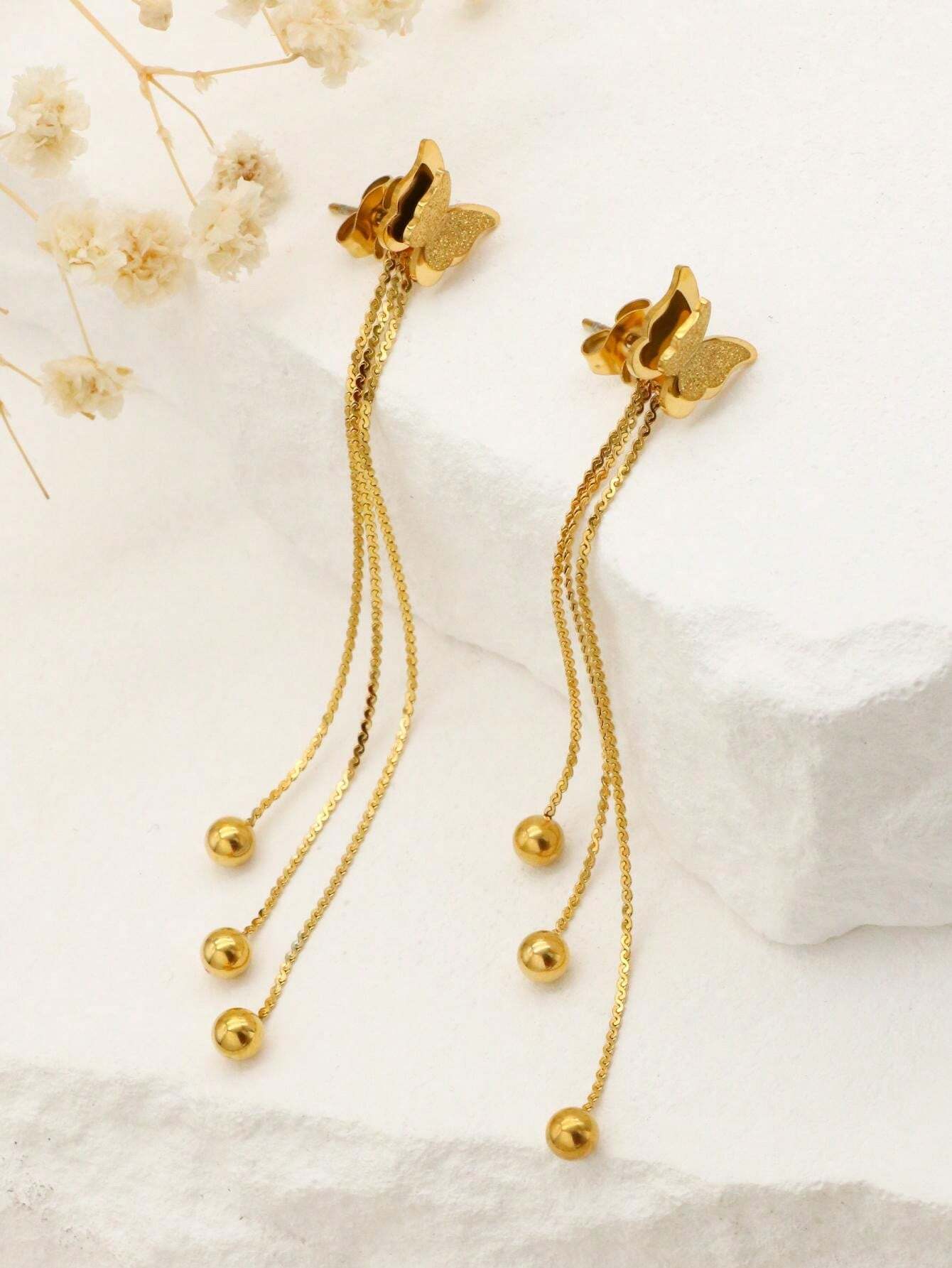 Aretes de Acero Inoxidable con Diseño de Mariposa y Borlas Largas