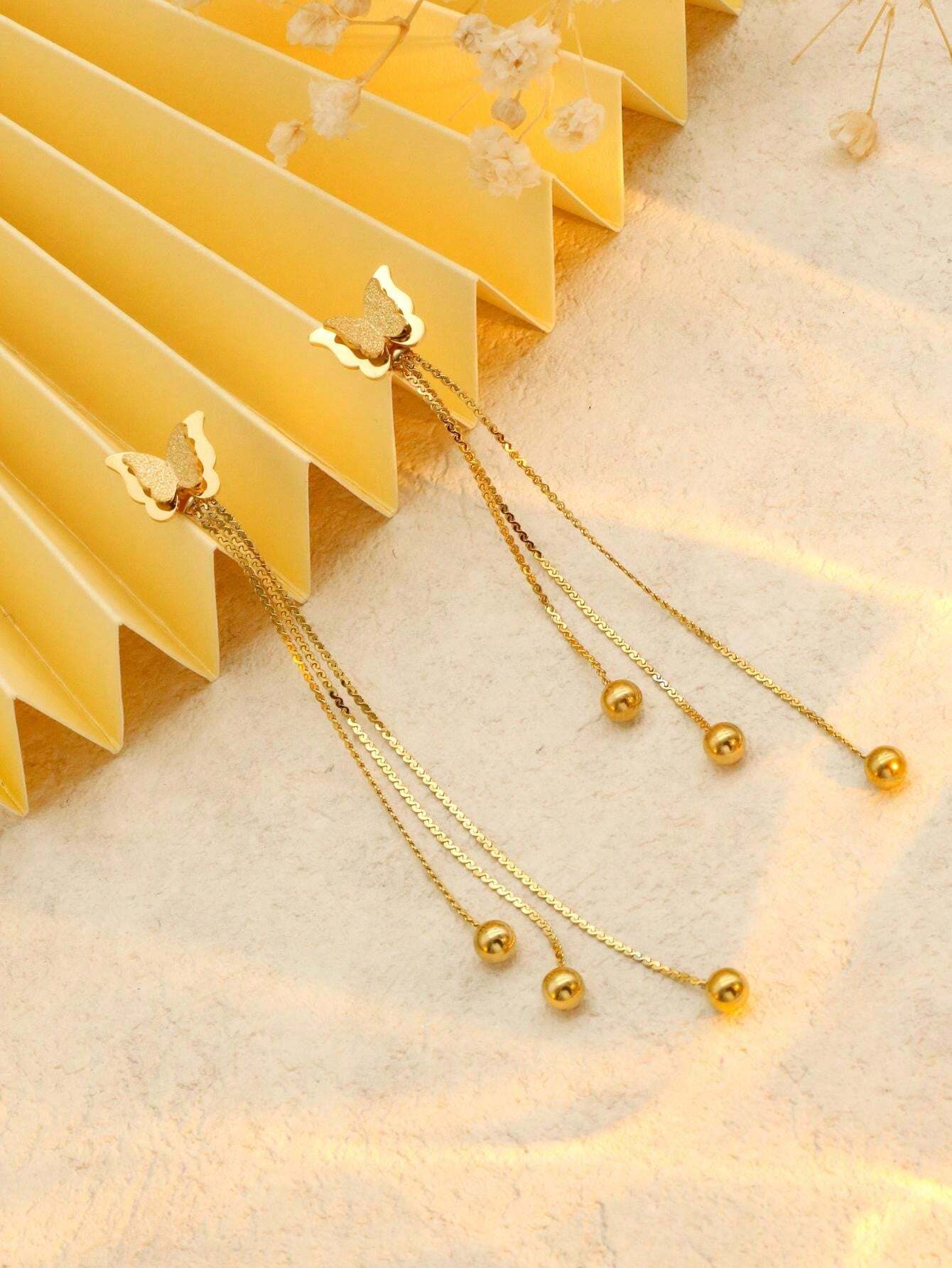 Aretes de Acero Inoxidable con Diseño de Mariposa y Borlas Largas