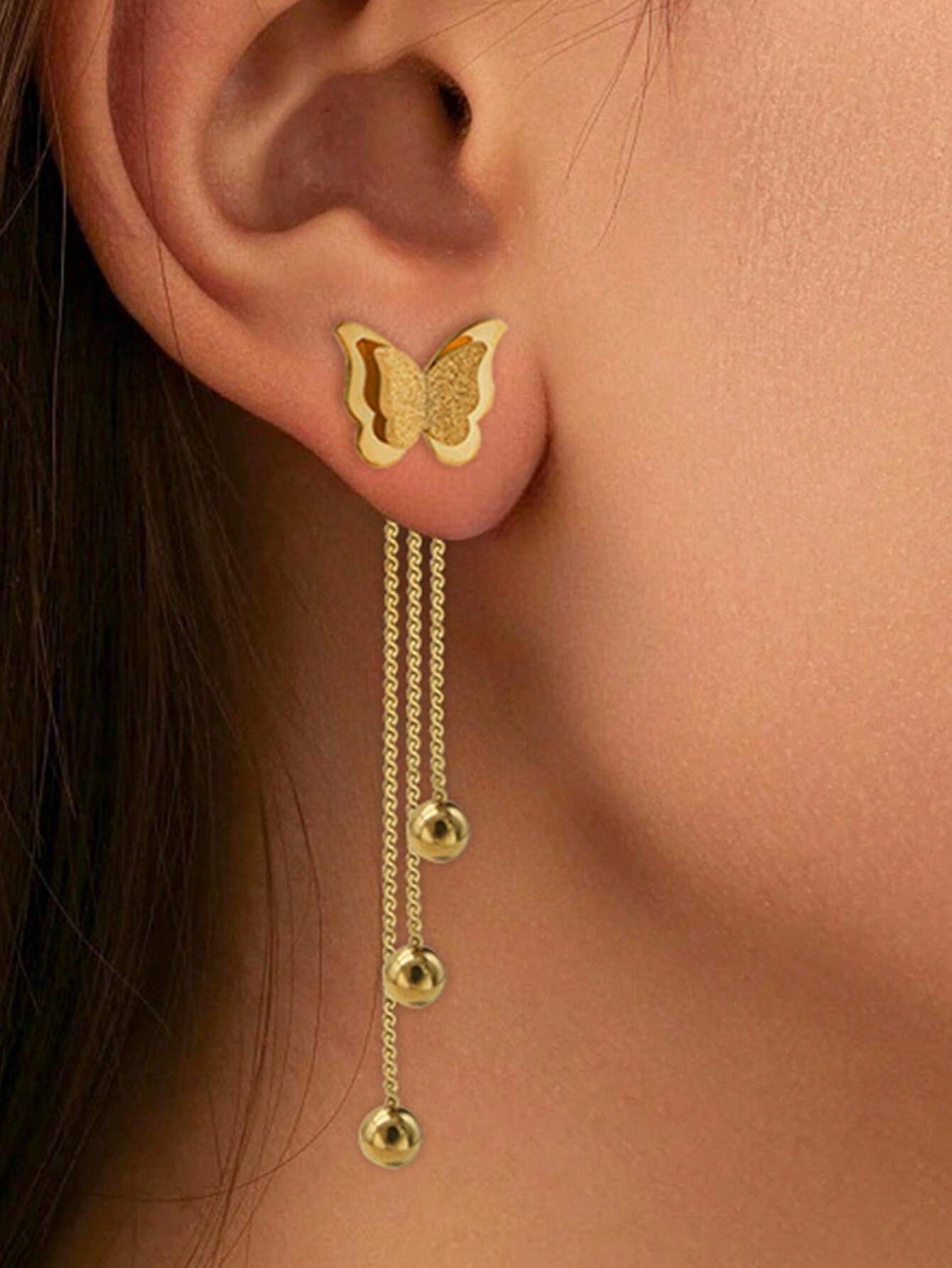 Aretes de Acero Inoxidable con Diseño de Mariposa y Borlas Largas