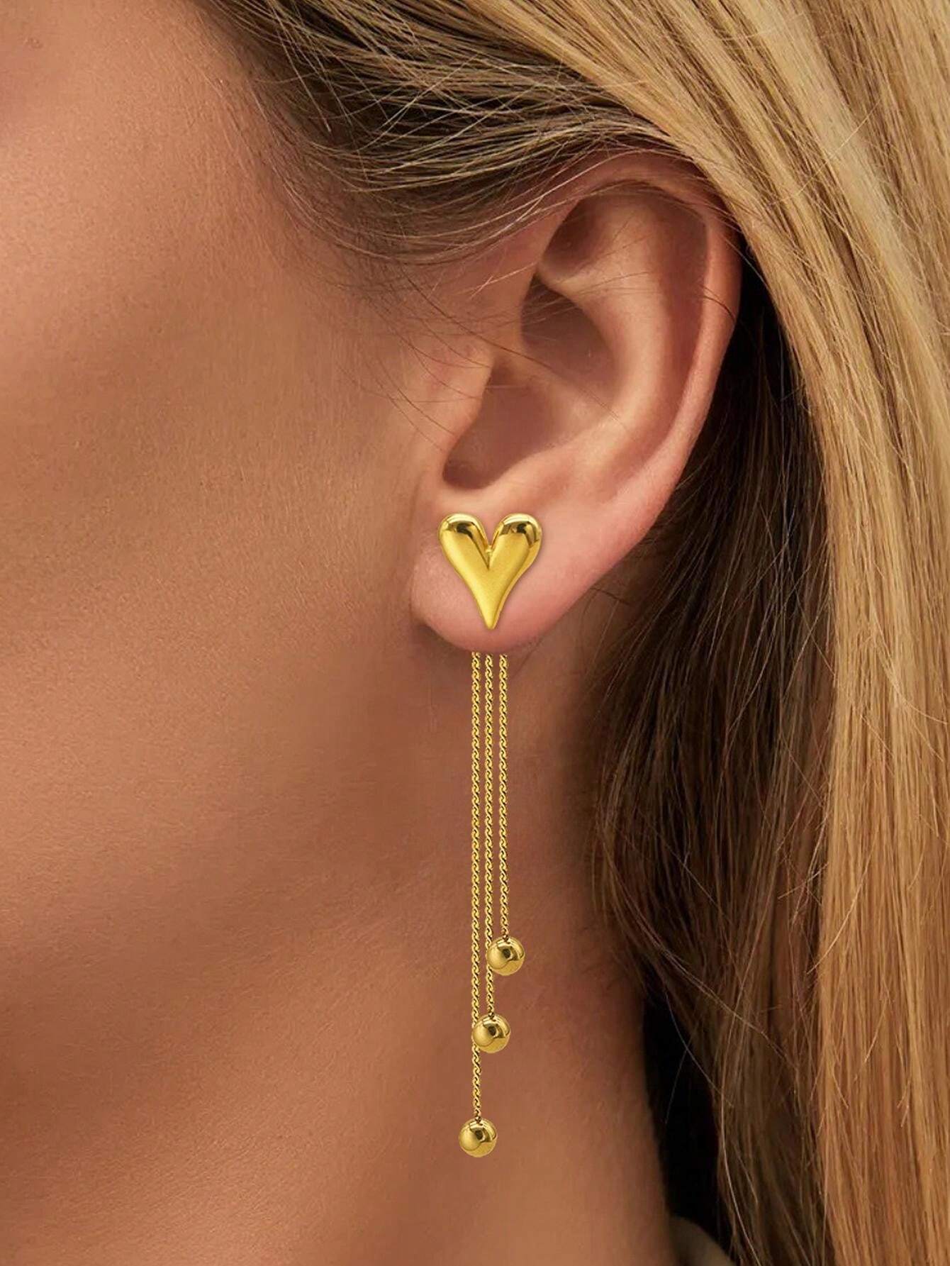 Aretes Largo de Acero Inoxidable con Diseño de Corazón
