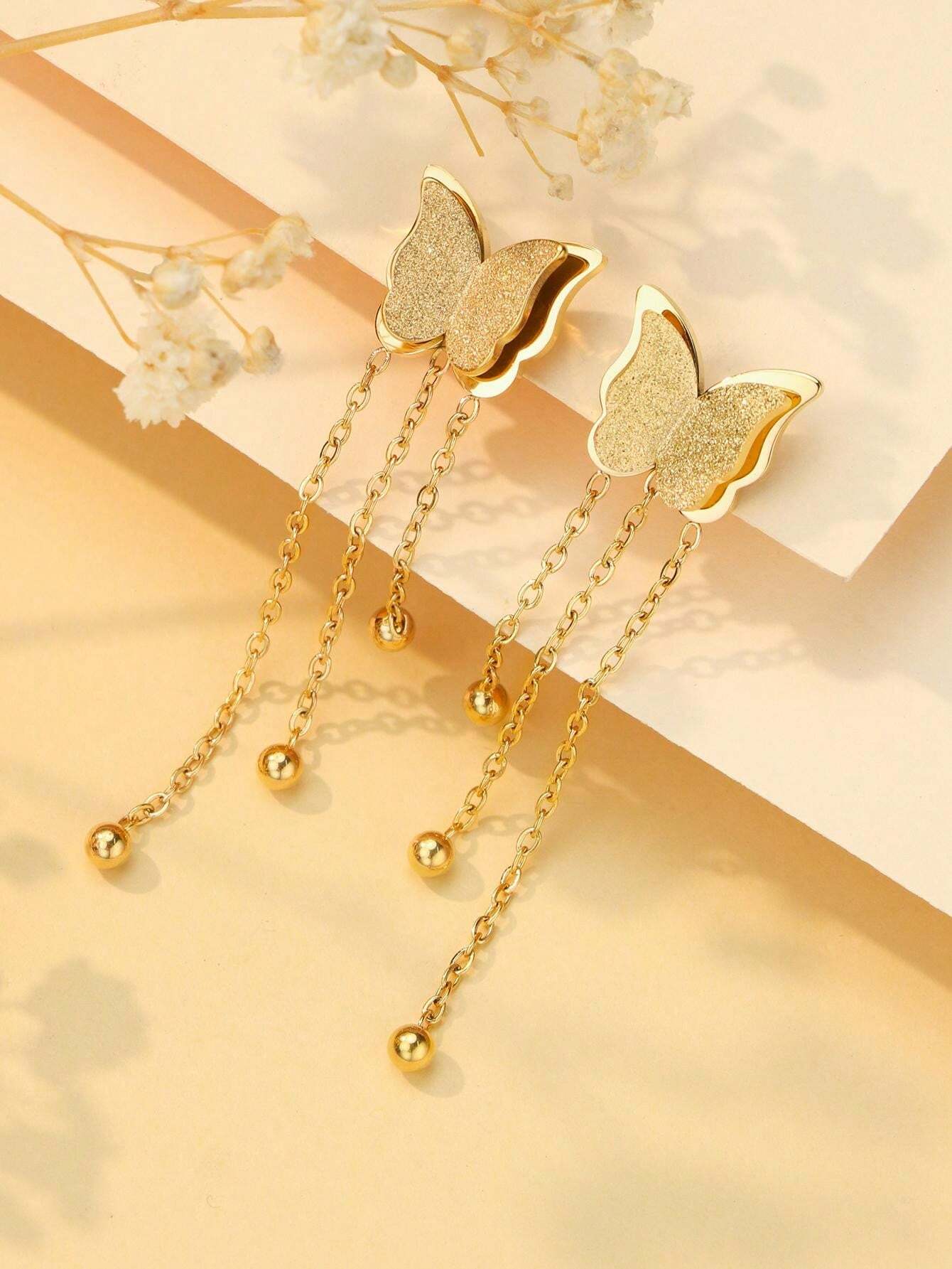 Aretes de Mariposa con Cadenas en Acero Inoxidable