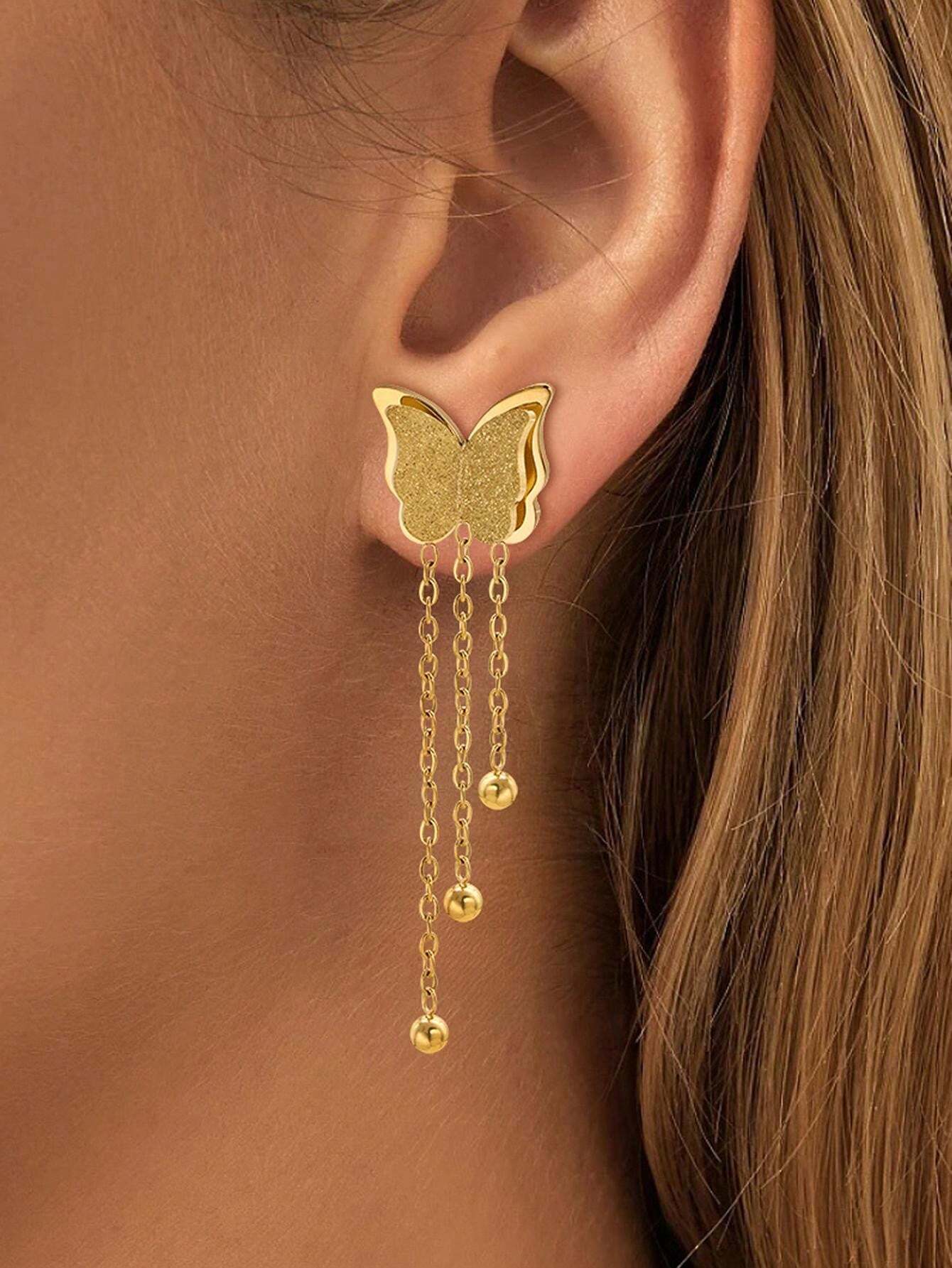 Aretes de Mariposa con Cadenas en Acero Inoxidable
