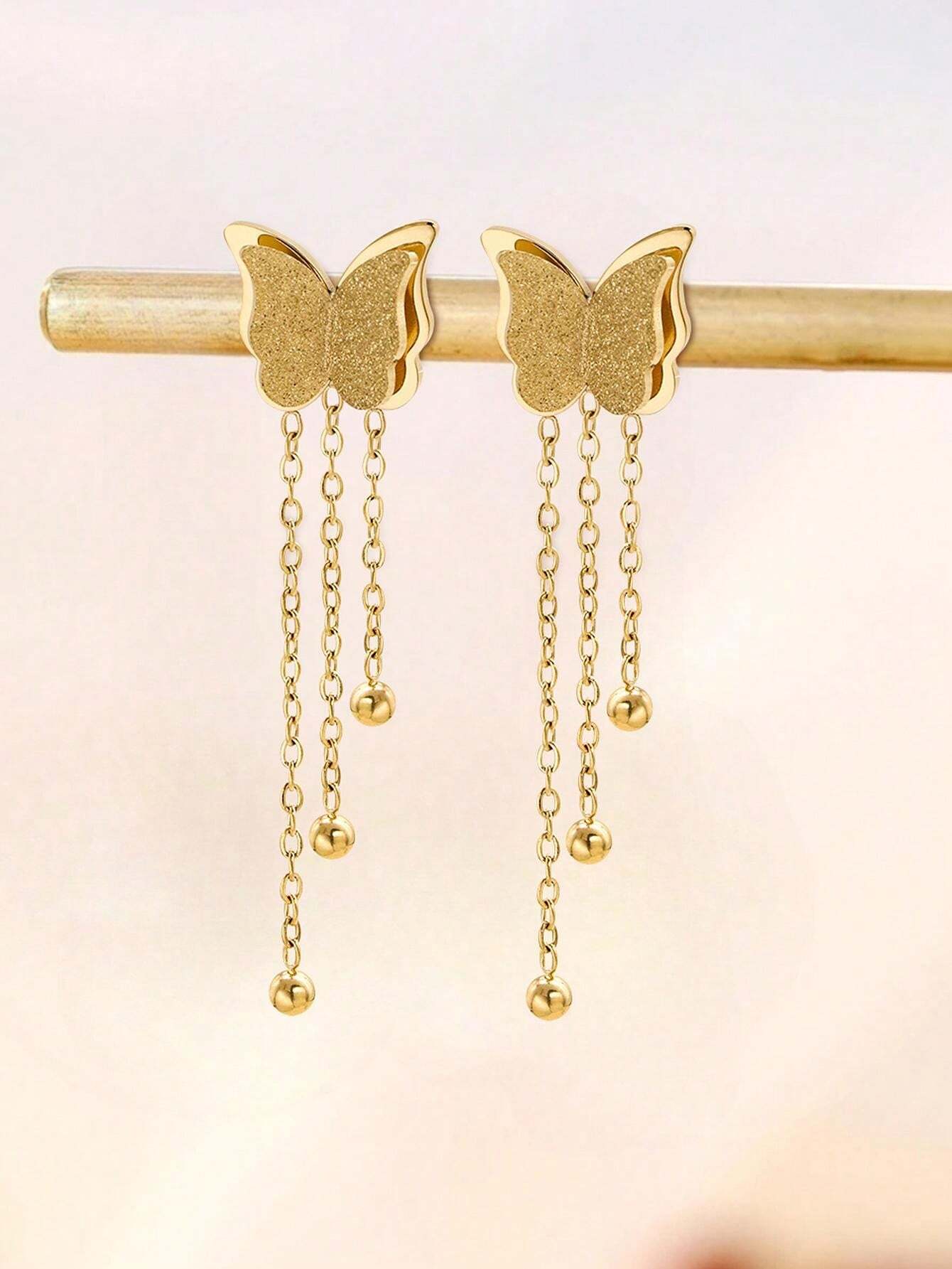 Aretes de Mariposa con Cadenas en Acero Inoxidable