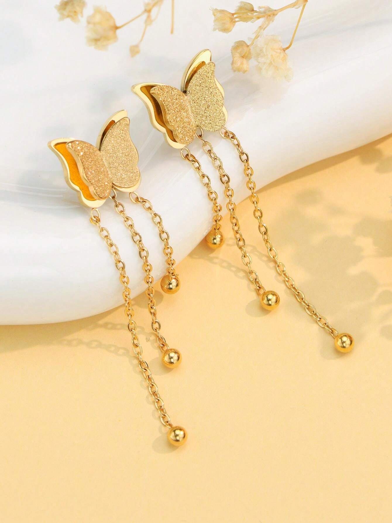 Aretes de Mariposa con Cadenas en Acero Inoxidable