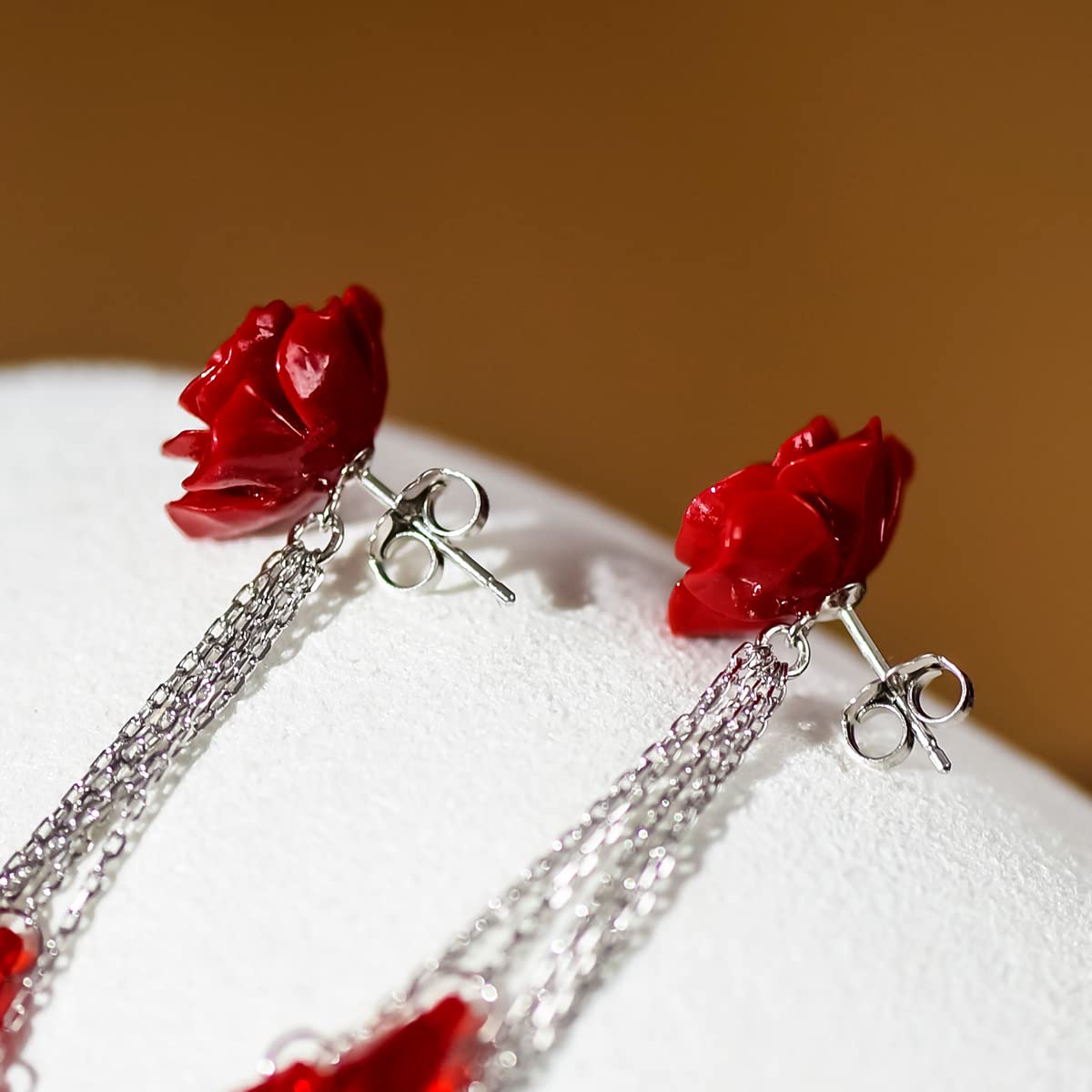 Aretes Largos de Plata de Ley 925 y Cristales Austriacos Rojos
