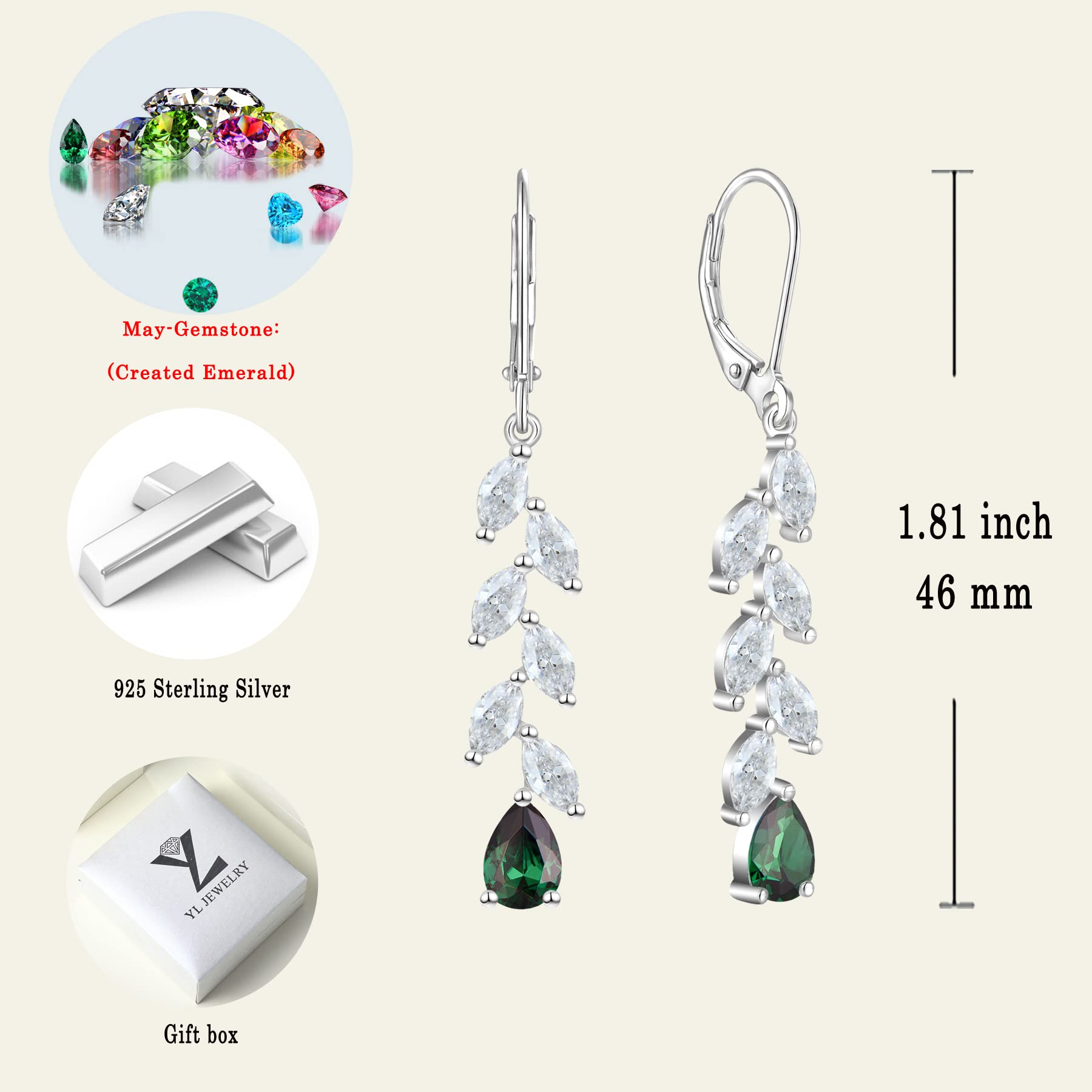 Aretes Largos de Plata de Ley 925 y Esmeralda Creada