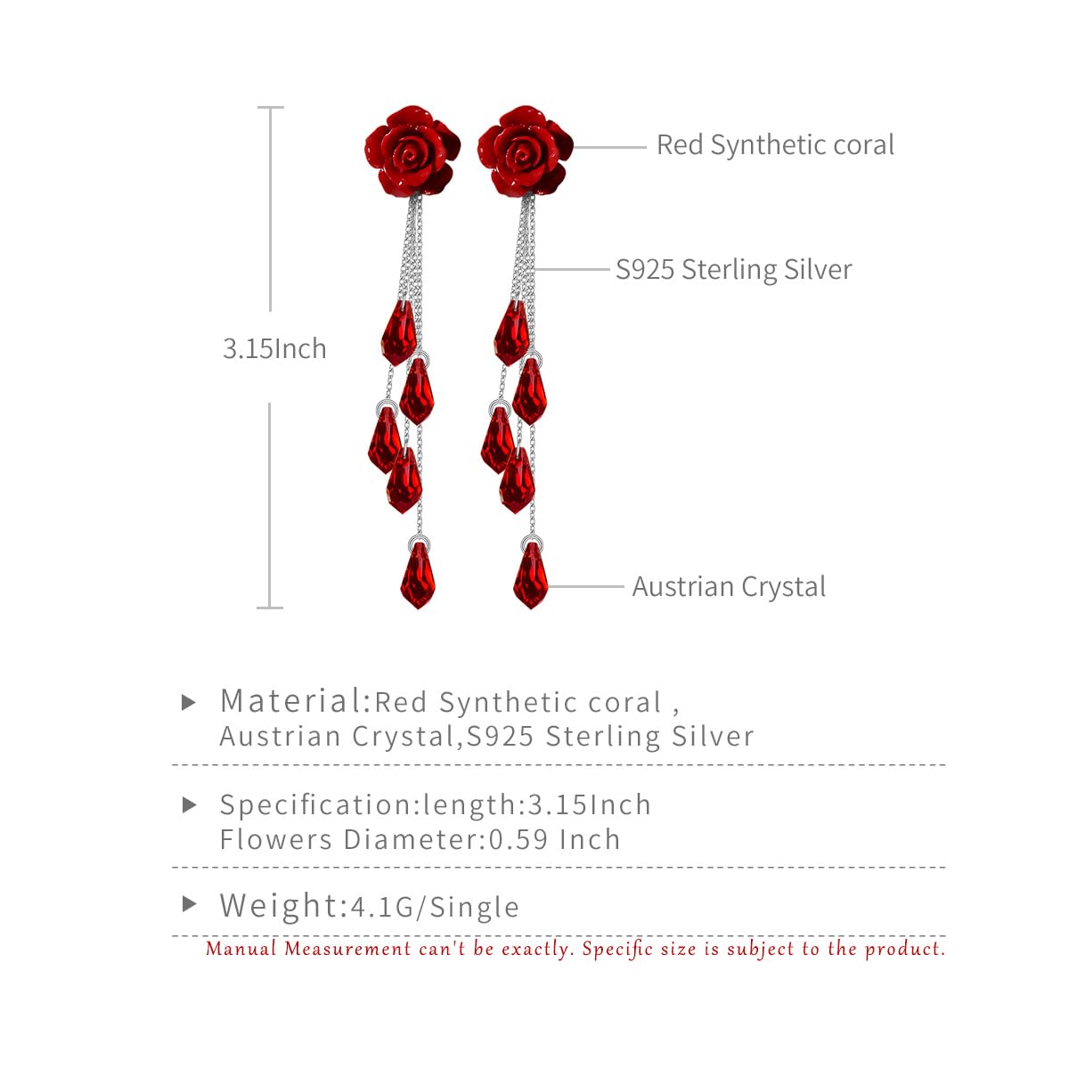 Aretes Largos de Plata de Ley 925 y Cristales Austriacos Rojos