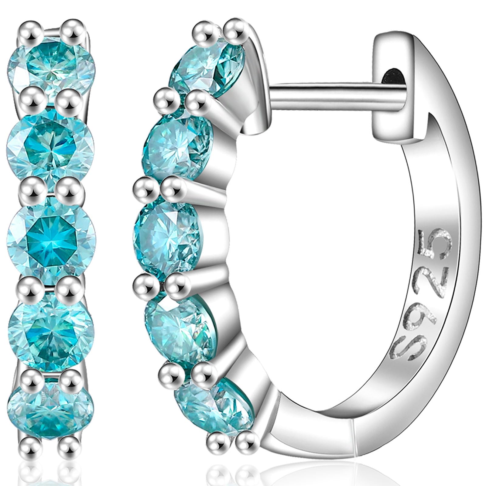 Aretes de Plata de Ley 925 y Moissanitas Azules tipo Argolla