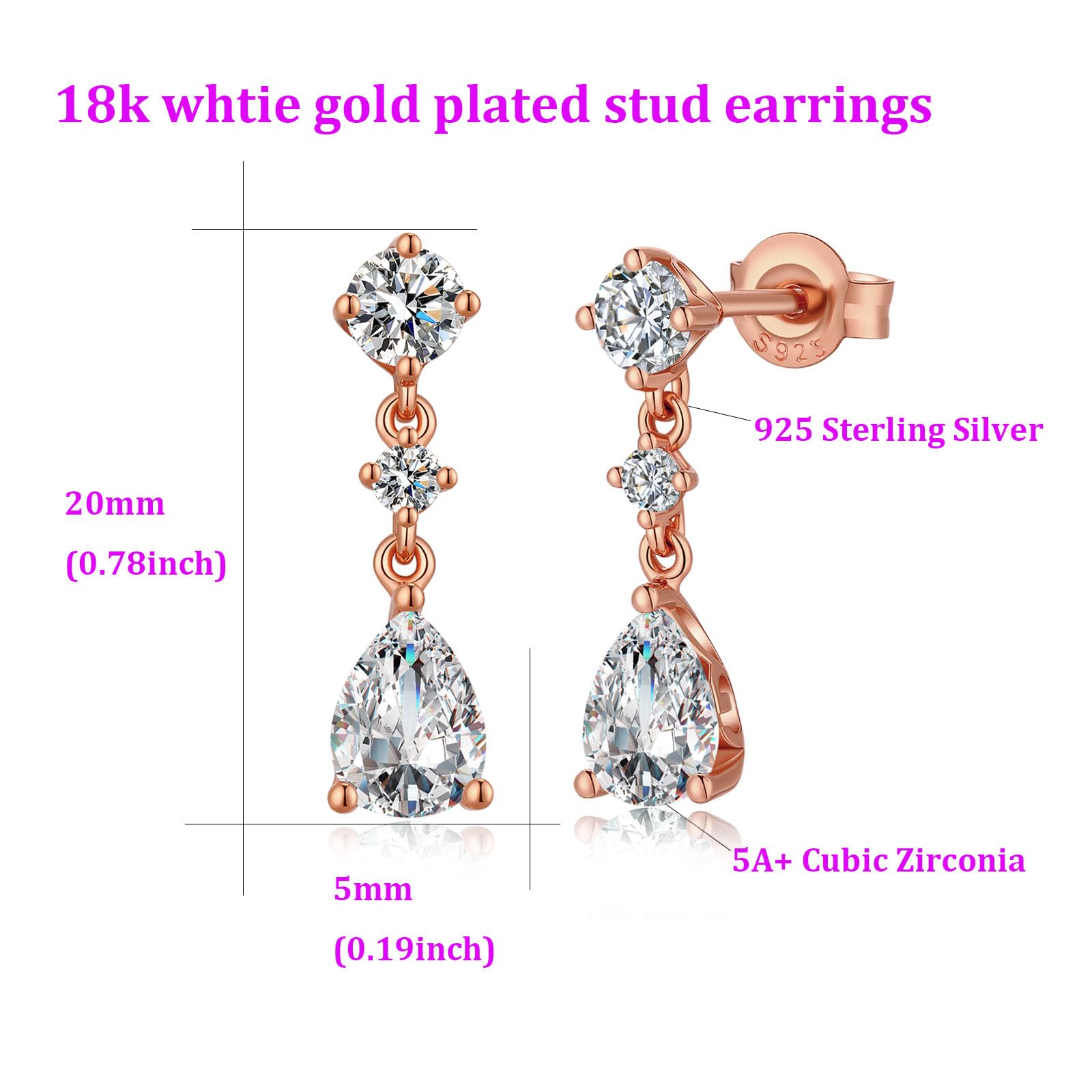 Aretes Delicados de Plata de Ley 925 y Rodio tono Rosa