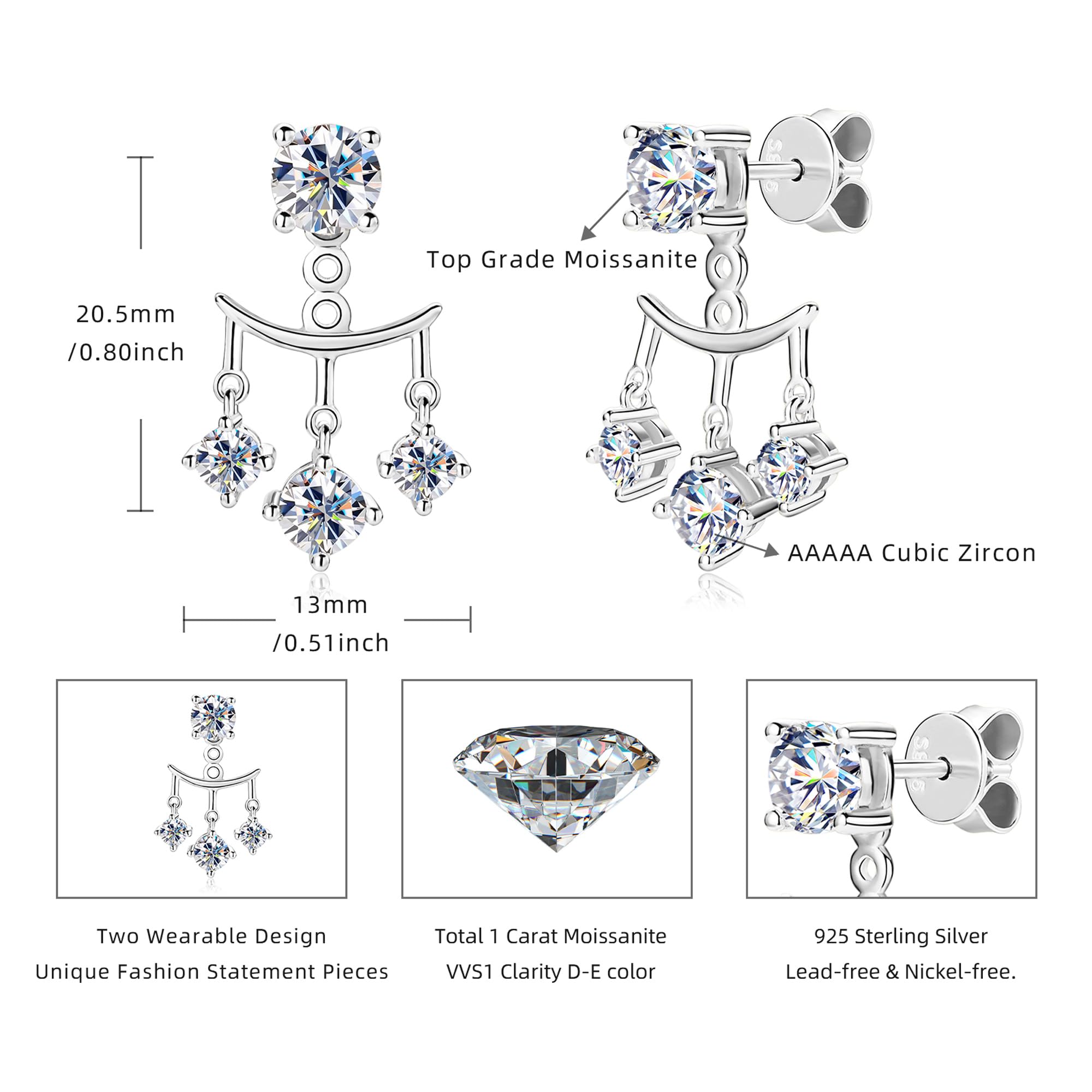 Aretes de Plata de Ley 925 y Moissanita Versátiles Doble Uso