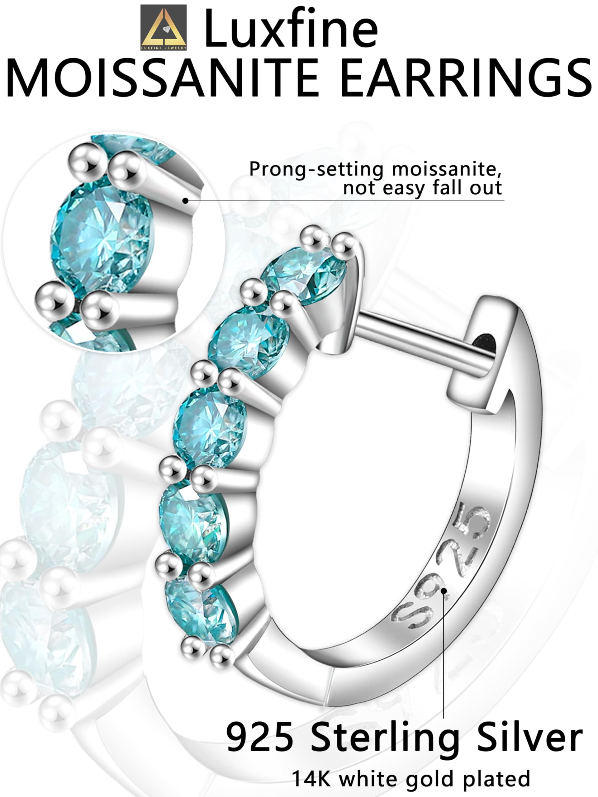 Aretes de Plata de Ley 925 y Moissanitas Azules tipo Argolla