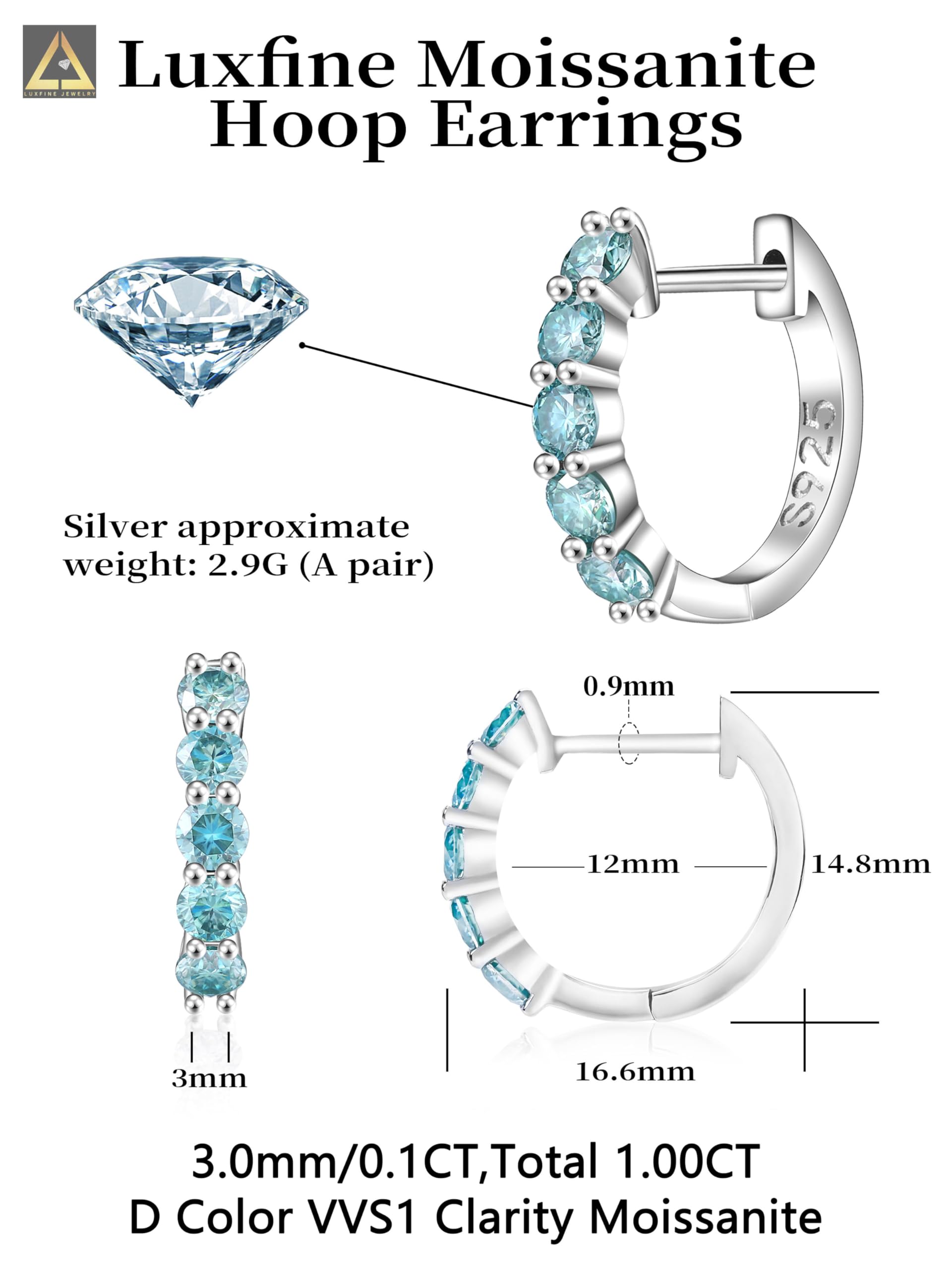 Aretes de Plata de Ley 925 y Moissanitas Azules tipo Argolla