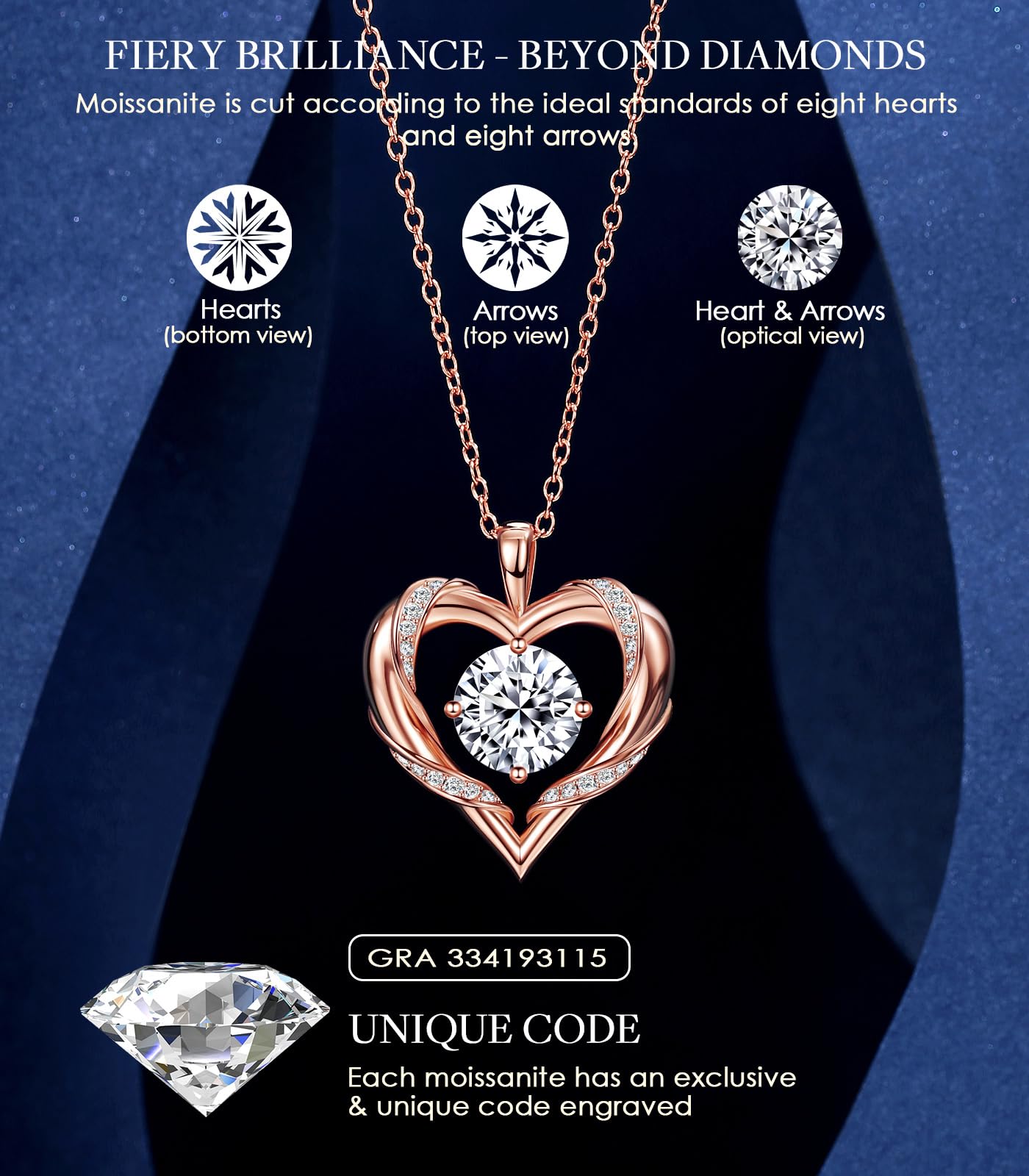Collar Fino de Plata de Ley 925 Chapado en Oro Rosa 18k y Piedra Preciosa de Moissanita