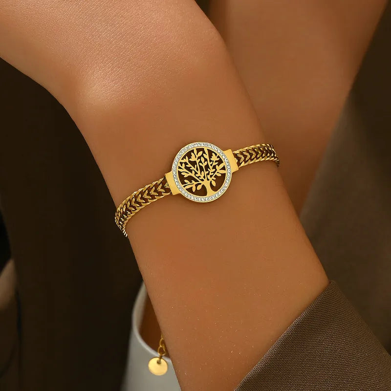 Pulsera Árbol en Acero Inoxidable Chapado en Oro