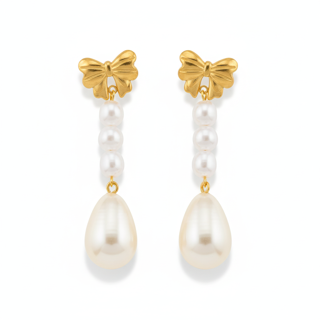 Aretes Perleados en Acero Inoxidable Chapado en Oro