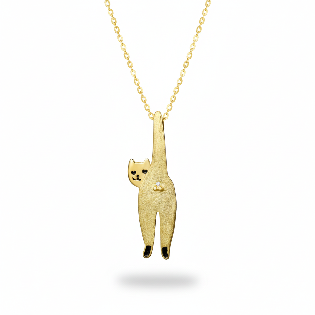 Conjunto Collar y Aretes Exclusivos de Gato en Plata 925 Enchapado en Oro