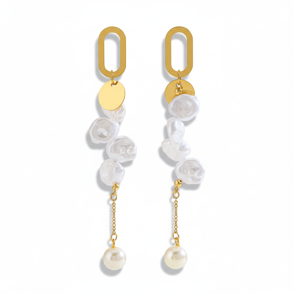 Aretes Largos con Estilo Perleado en Acero Inoxidable Chapado en Oro