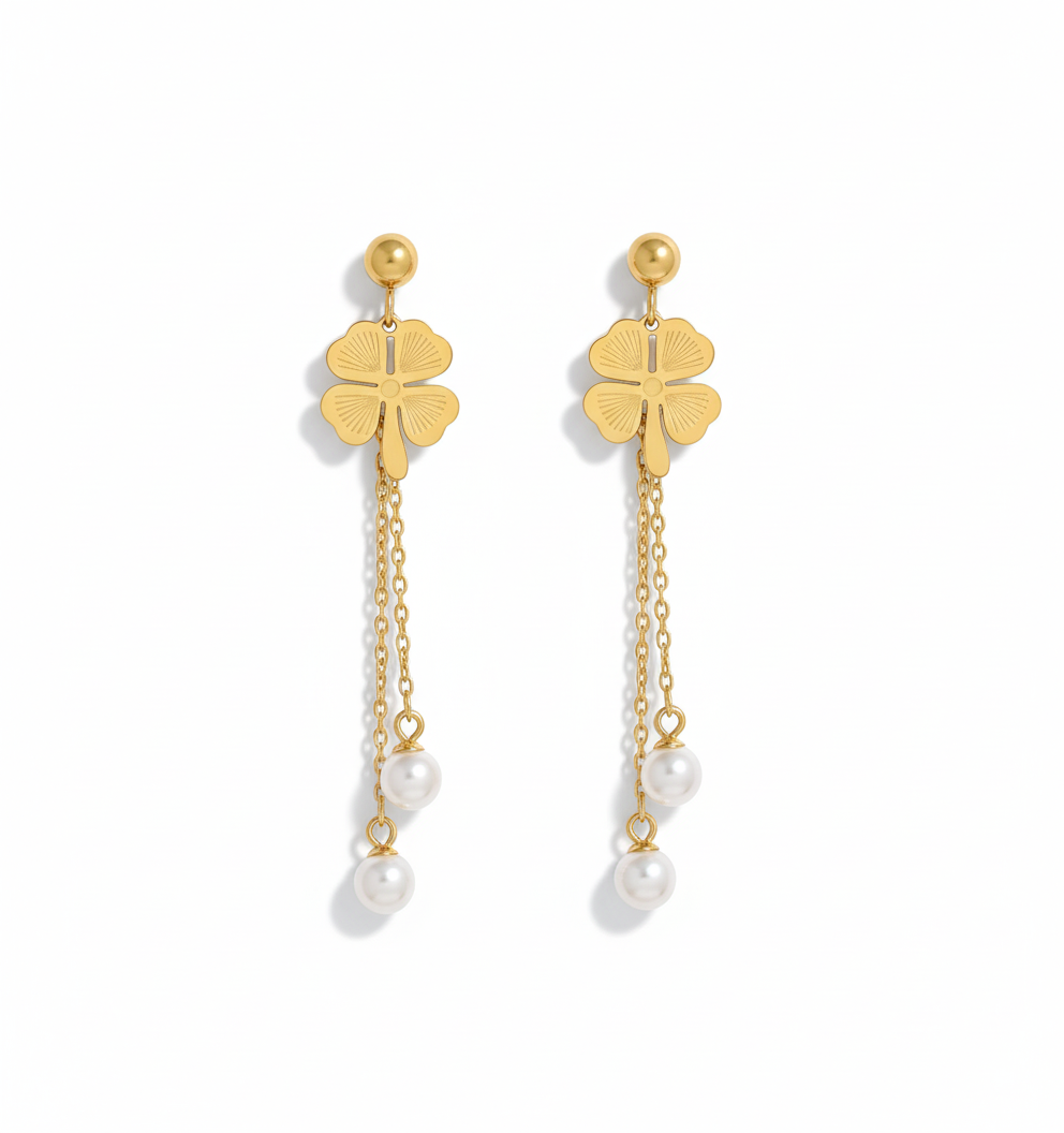 Aretes de Trebol y Perlas en Acero Inoxidable Bañado en Oro