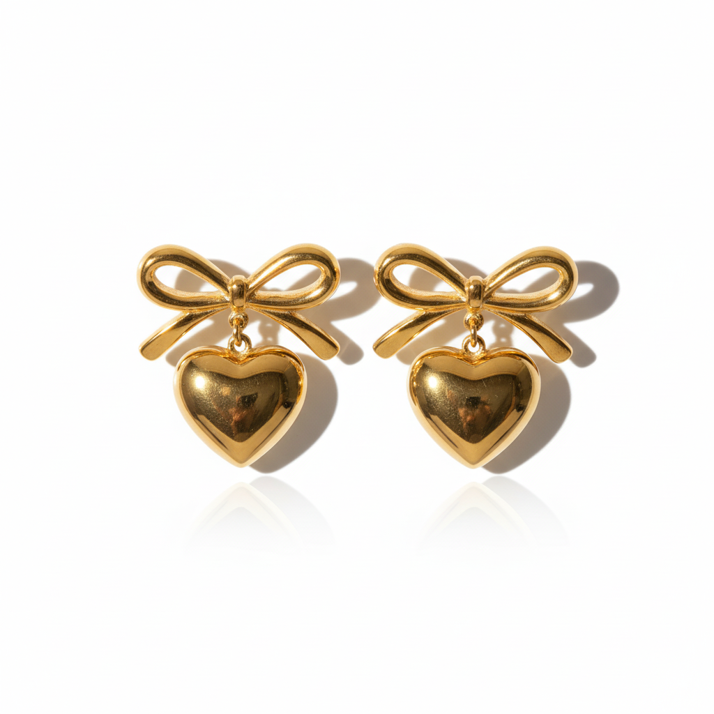 Aretes de Lazo y Corazón en Acero Inoxidable Chapado en Oro