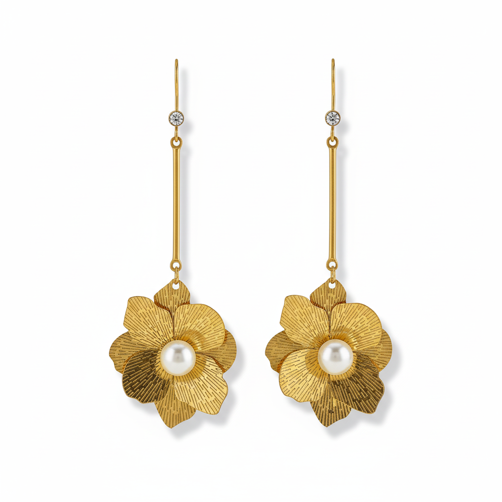 Aretes de Flor y Perla en Acero Inoxidable Chapado en Oro