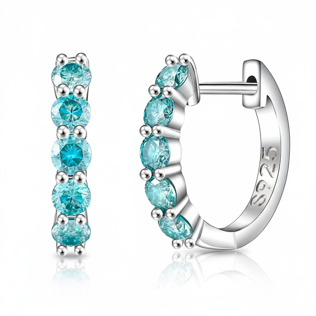 Aretes de Plata de Ley 925 y Moissanitas Azules tipo Argolla