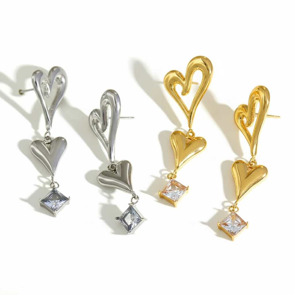 Aretes de Doble Corazón en Acero Inoxidable Chapado en Oro
