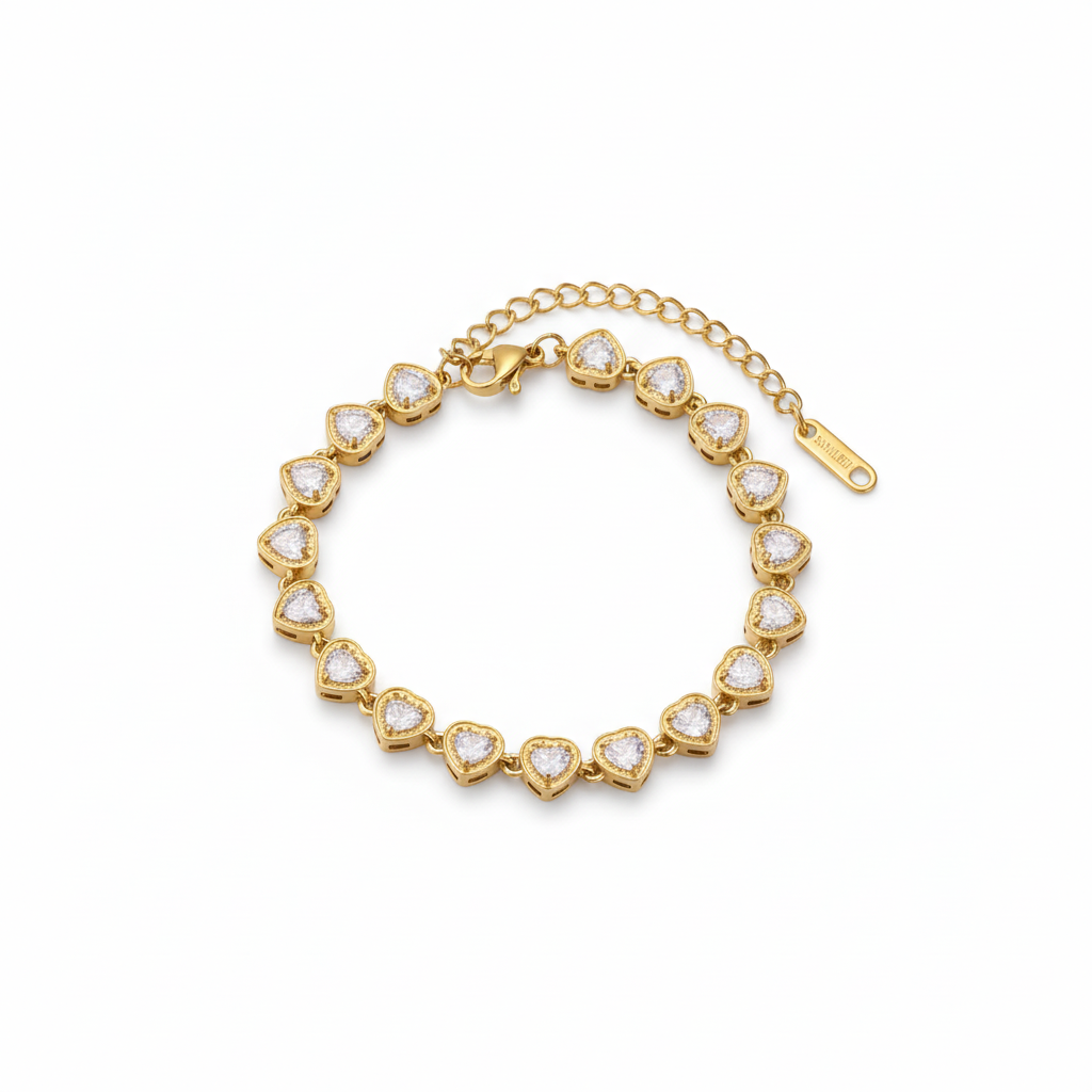 Pulsera de Corazones Incrustados en Acero Inoxidable Chapado en Oro