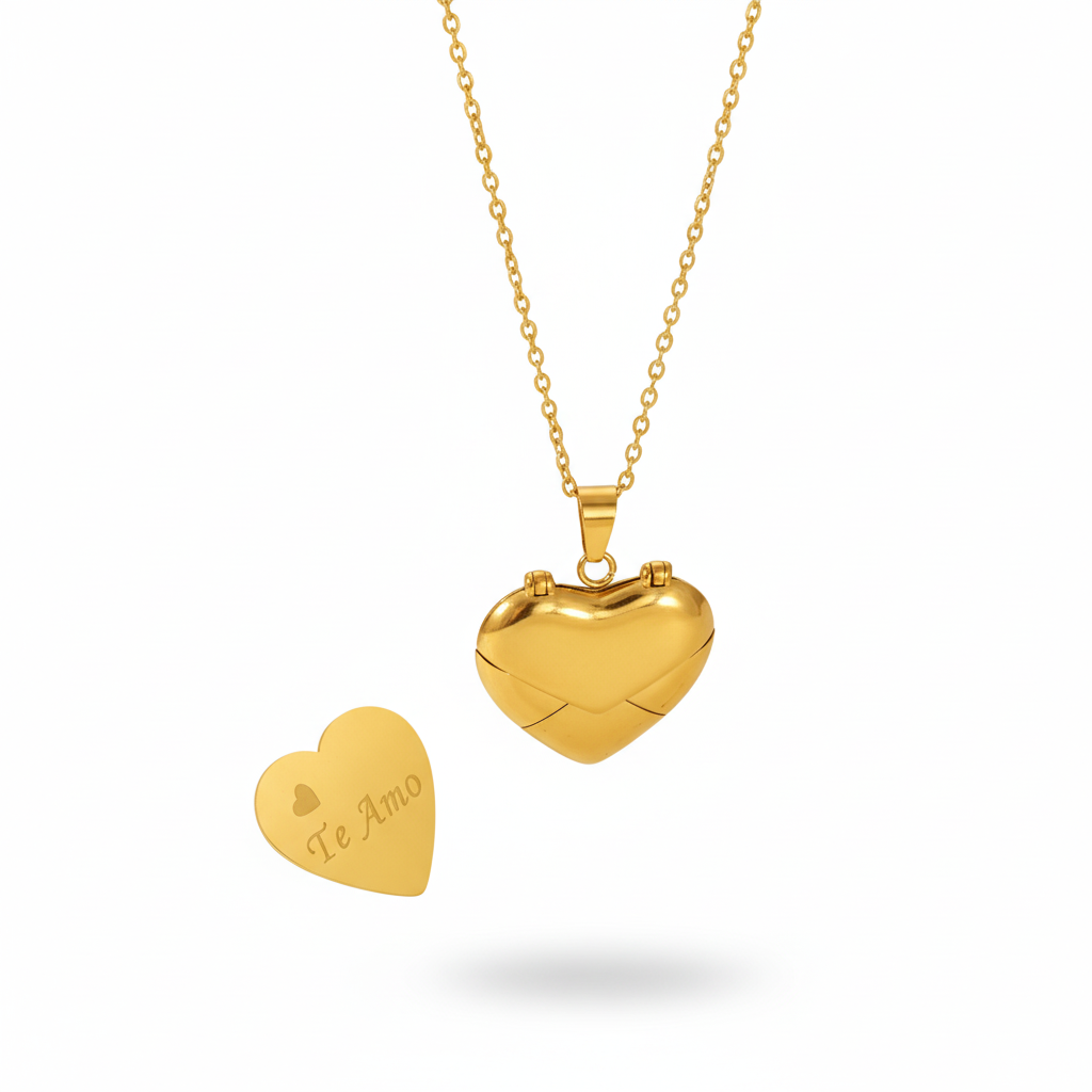 Collares de Corazón tipo Medallón en Acero Inoxidable Chapado en Oro