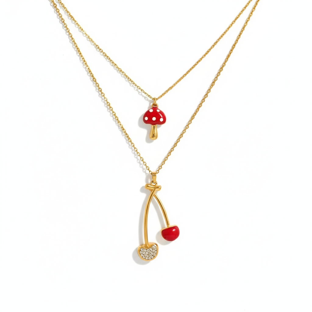 Collar Doble Honguito y Cereza en Acero Inoxidable Enchapado en Oro