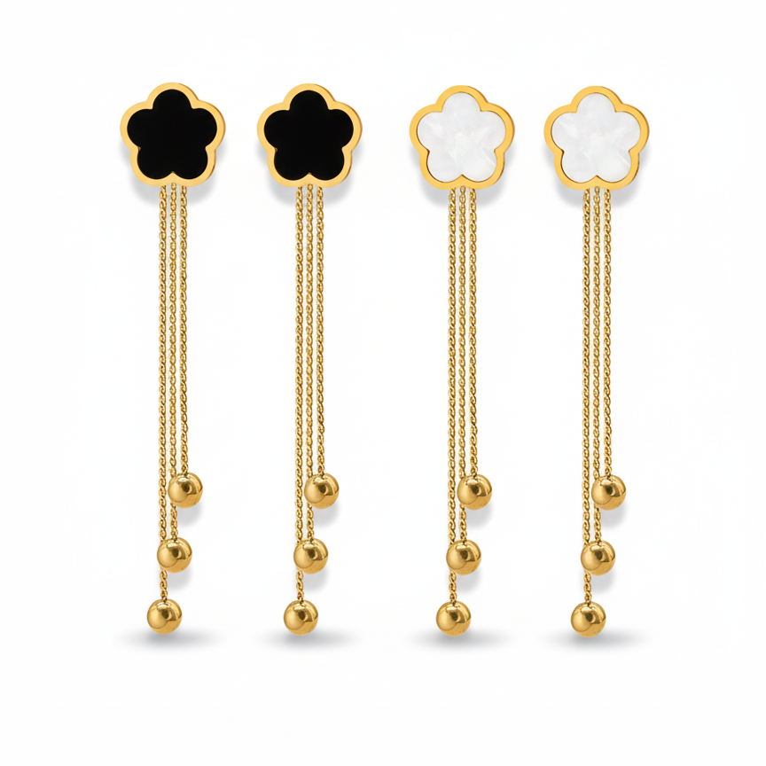 Aretes Largos de Trebol en Blanco o Negro en Acero Inoxidable Bañado en Oro