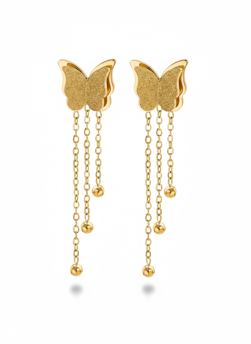 Aretes de Mariposa con Cadenas en Acero Inoxidable