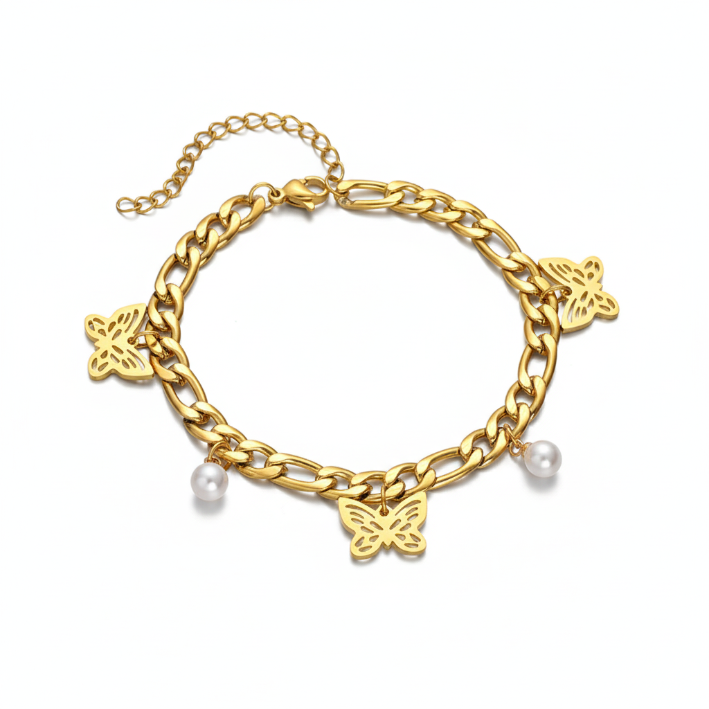 Pulsera de Eslabones con Mariposas en Acero Inoxidable 316L