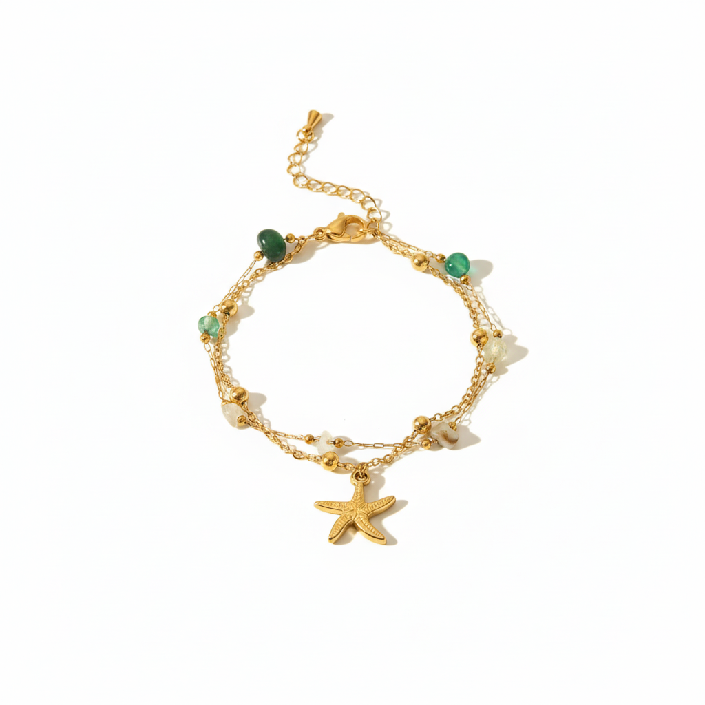 Pulsera Jade y Estrella de Mar en Acero Inoxidable Chapado en Oro