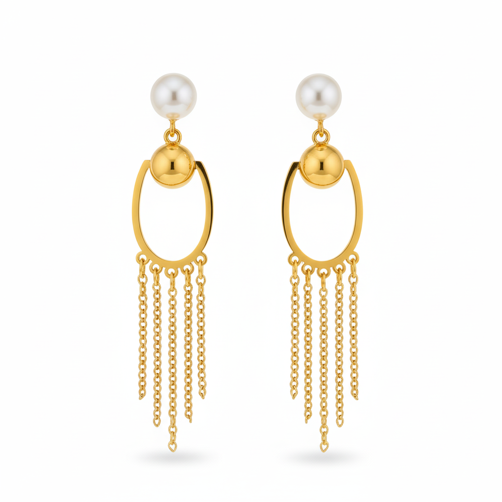 Aretes Perla y Cadenas en Acero Inoxidable Chapado en Oro