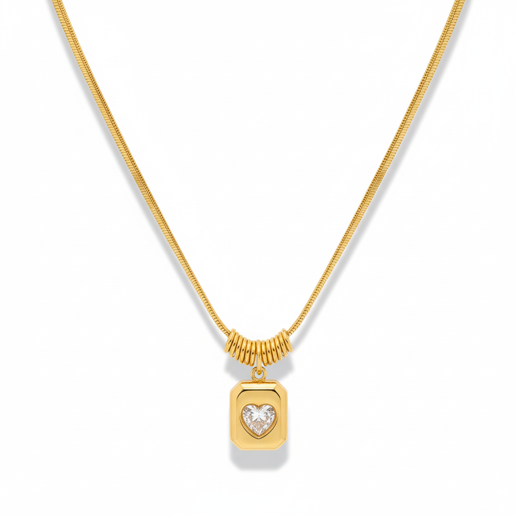 Collar Corazón Incrustado en Acero Inoxidable Chapado en Oro