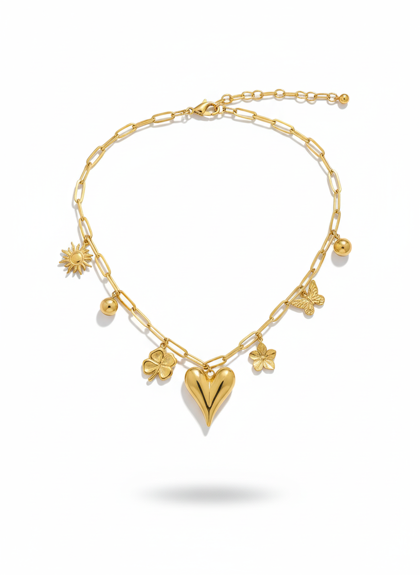 Collar con Corazón, Flor y Mariposa en Acero Inoxidable Enchapado en Oro