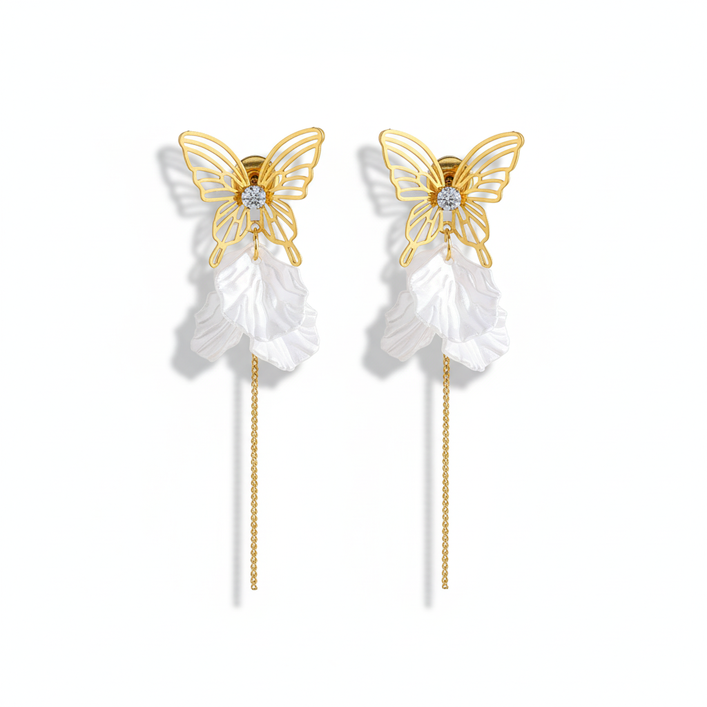 Aretes de Mariposa y Cadenas en Acero Inoxidable Chapado en Oro
