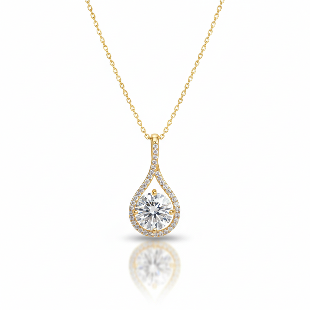 Collar Fino de Plata de Ley 925 Bañado en Oro Blanco 18k y Piedra Preciosa de Moissanita