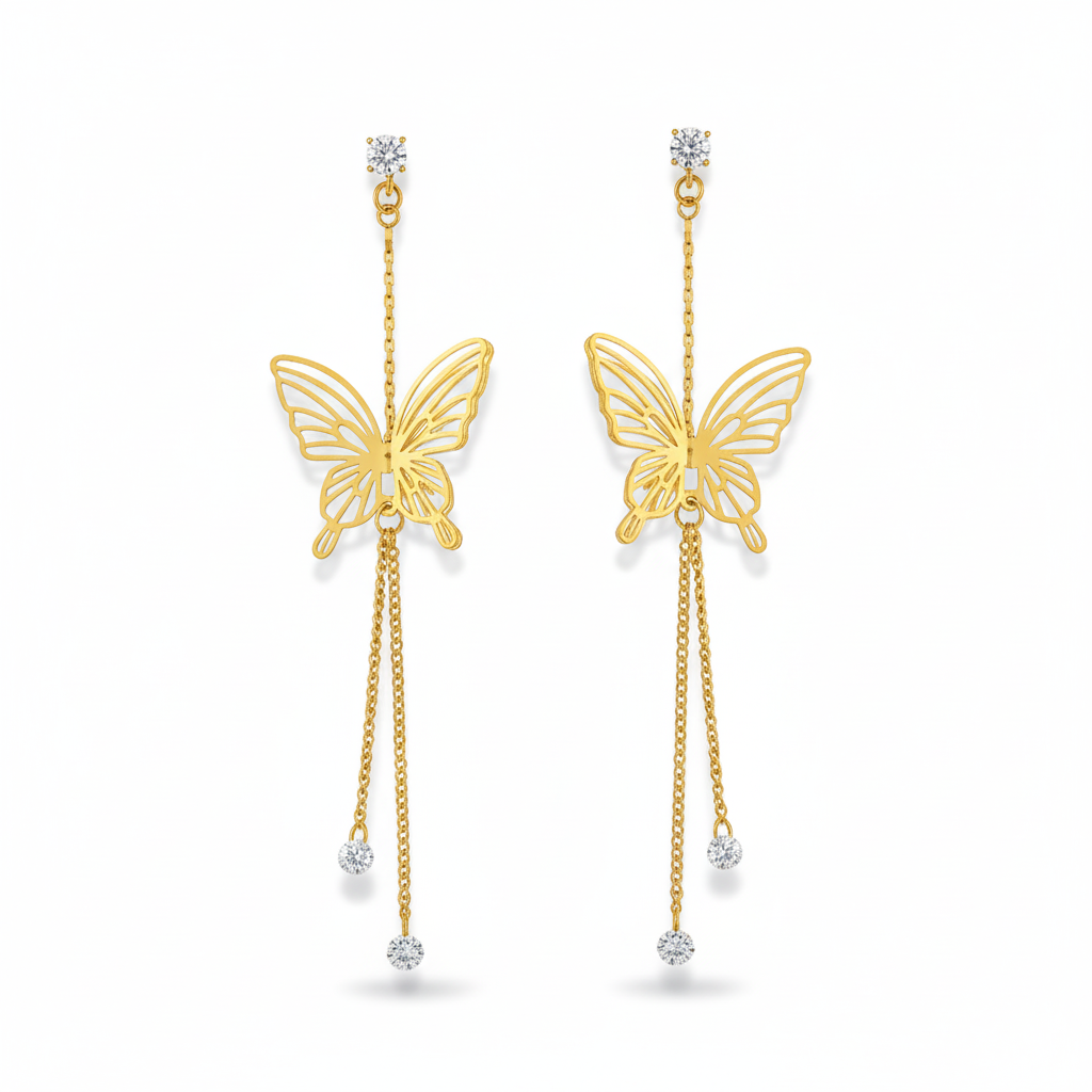 Aretes Largos Mariposa en Acero Inoxidable Chapado en Oro