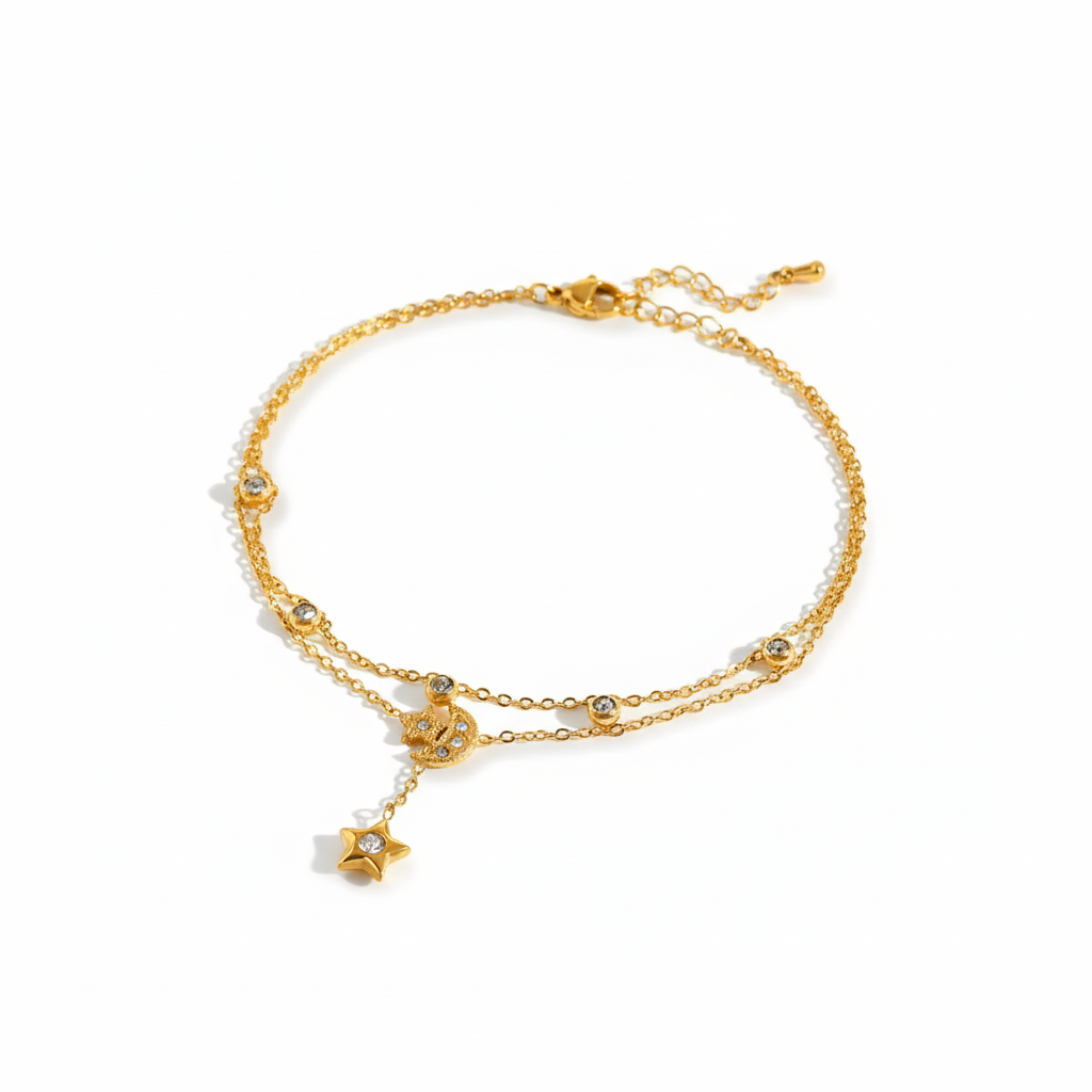 Pulsera Luna y Estrella en Acero Inoxidable Chapada en Oro