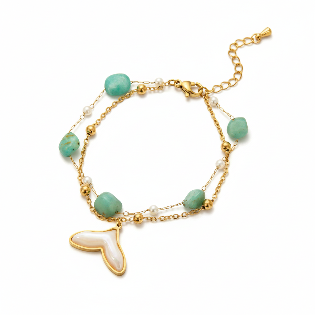Pulsera Jade y Cola de Ballena en Acero Inoxidable Chapado en Oro