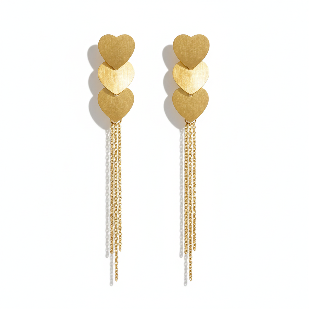 Aretes Largos de Corazones en Acero Inoxidable Chapado en Oro